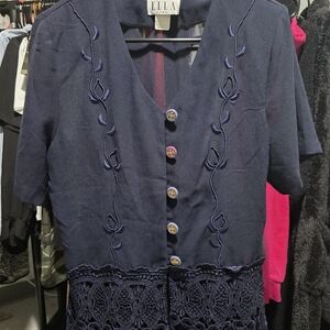 ELLA Navy Button-Up Crochet Hem Blouse